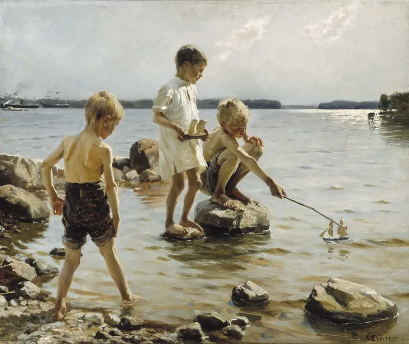 Jungen spielen am Ufer von Albert Edelfelt